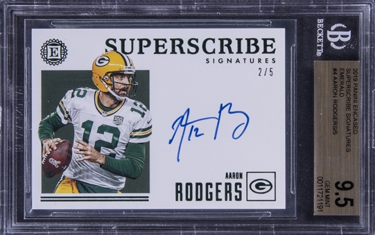 2019 Panini Encased Superscribe Signatures Emerald #4 Aaron Rodgers Signed Card (#2/5) - BGS GEM MINT 9.5/BGS 10